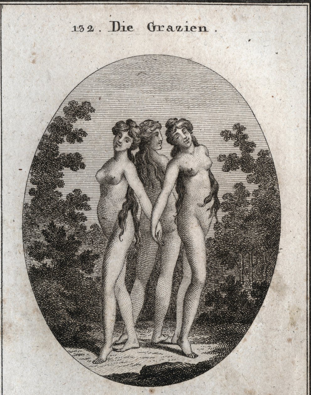 Alegoria de graças. As três graças: Euphrosine significando alívio e contentamento, Aglaya simbolizando a imponente beleza e o deleite de Thalia. Gravura em "Iconologie oder Ideen aus dem Gebiete der Leidenschaften und Allegorien bildestellt dargestellt fu de Austrian School