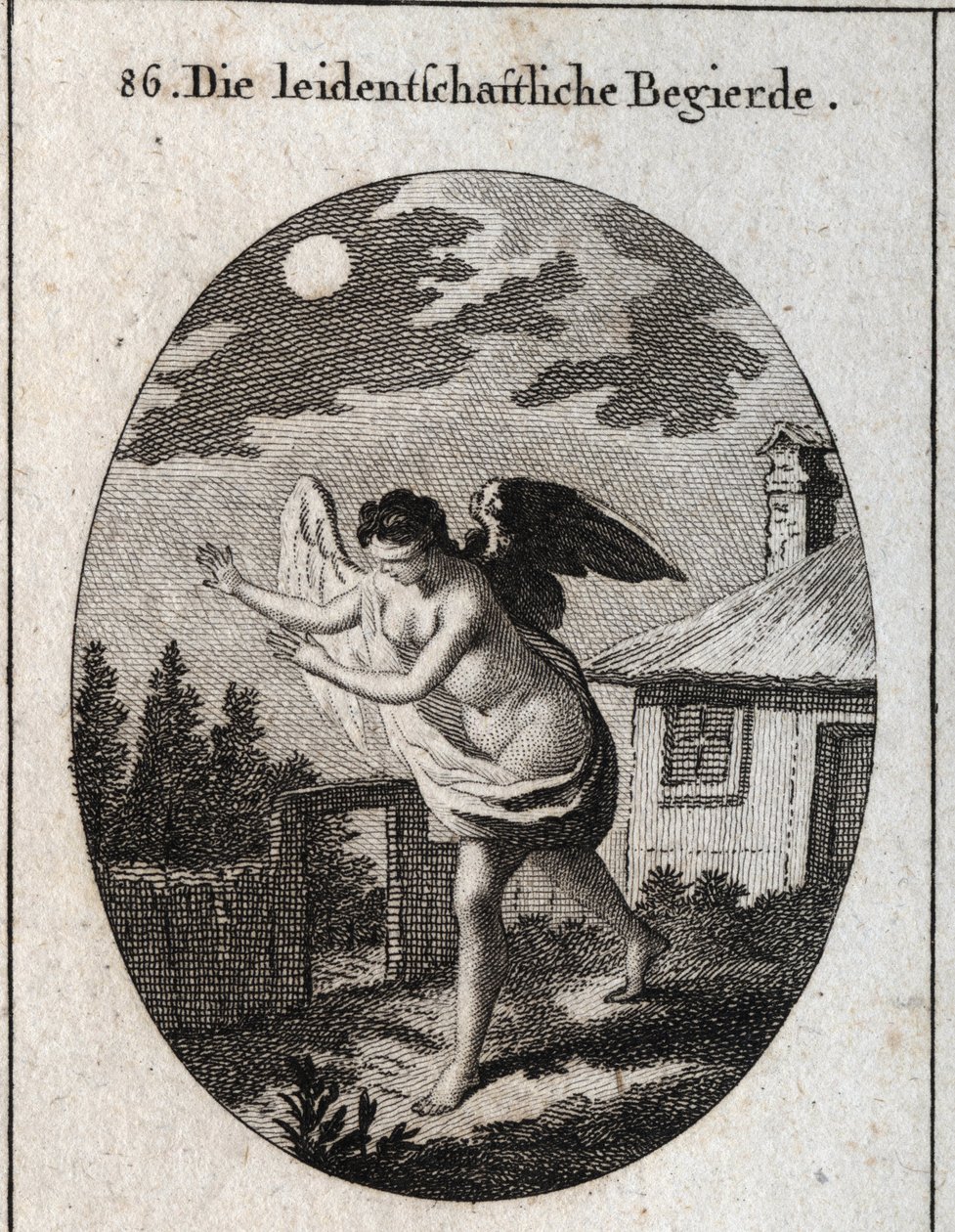 Alegoria da ganância representada pelo desejo cego cuja inanição é incerta. Gravação em "Iconologie oder Ideen aus dem Gebiet der Leidenschaften und Allegorien bildestellt fur Zeichner, Mahler, Dichter, Gelehrte, Erzieher und freunde Hoherer Ge. de Austrian School