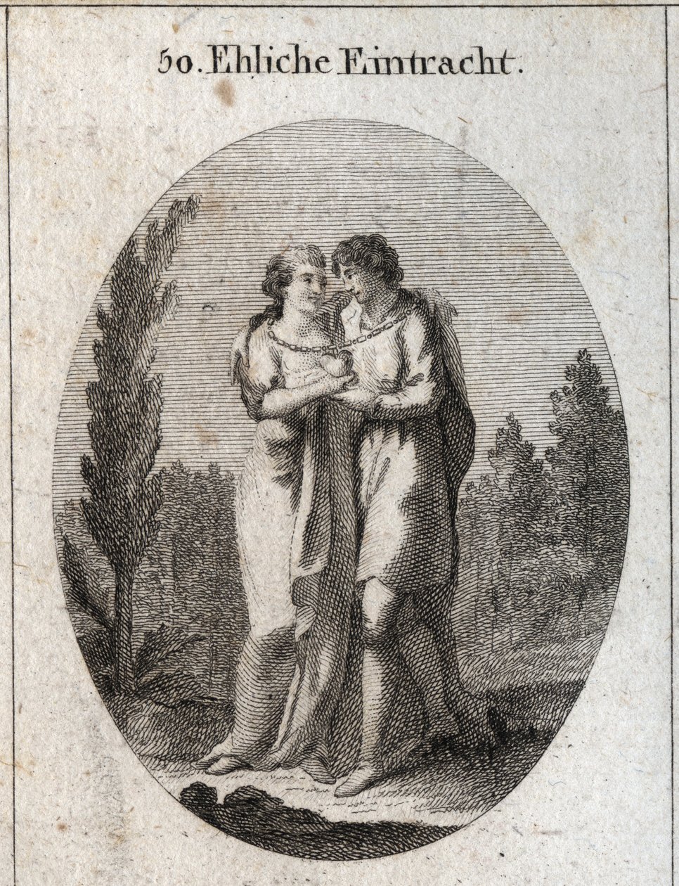 Alegoria de harmonia no casamento. Um casal beija-se, uma corrente de ouro pende à volta do pescoço e um coração que apoiam cada um com uma mão. Gravura em "Iconologie oder Ideen aus dem Gebiete der Leidenschaften und Allegorien bildestellt dargestellt fur de Austrian School