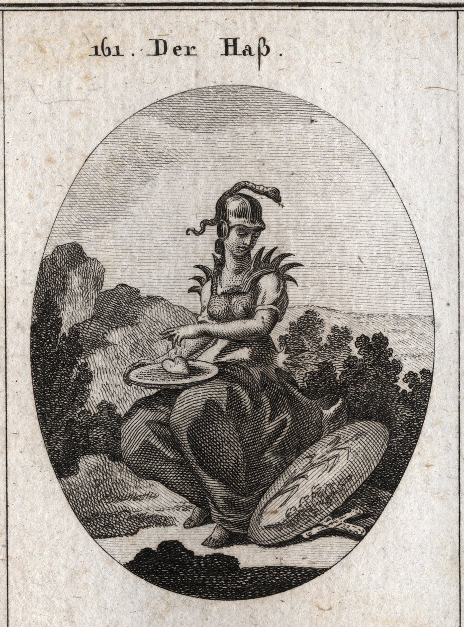 Alegoria de ódio. O seu cadáver é encimado por pontas de ferro, o capacete é rodeado por uma águia e ela segura uma bacia sobre a qual tem um coração que ela salpica com o campo. Seu atributo é um escudo no qual estão representadas uma planta de cana e uma de Austrian School