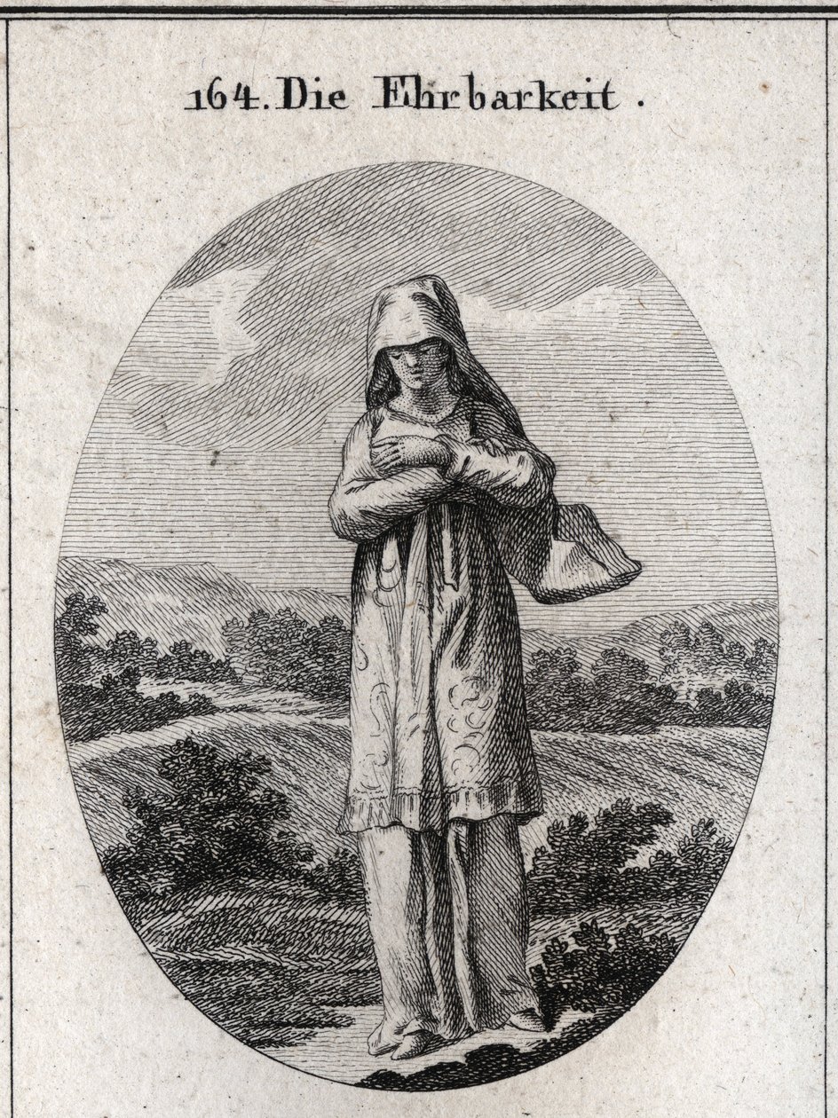 Alegoria de honestidade. Seus olhos estão cobertos por um véu que esconde metade do seu rosto porque os olhos são o espelho da alma e o primeiro sentido pelo qual ela se corrompe. Gravura em "Iconologie oder Ideen aus dem Gebiete der Leidenschaften und All de Austrian School