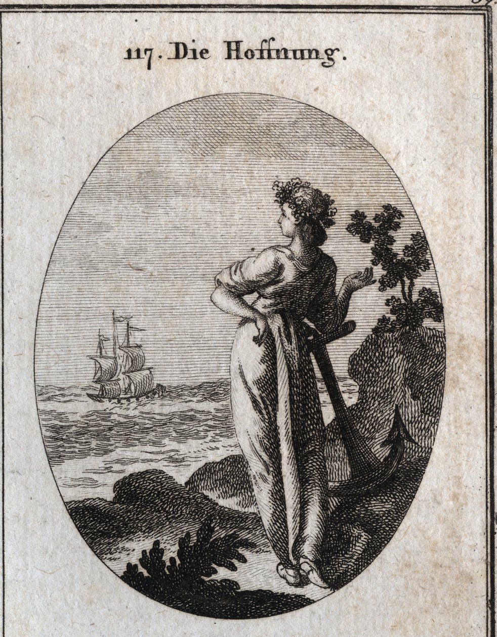 A alegoria da esperança repousa sobre uma âncora e a observação de um navio no horizonte. Gravação em "Iconologie oder Ideen aus dem Gebiet der Leidenschaften und Allegorien bildestellt fur Zeichner, Mahler, Dichter, Gelehrte, Erzieher und befunde Hoherer  de Austrian School