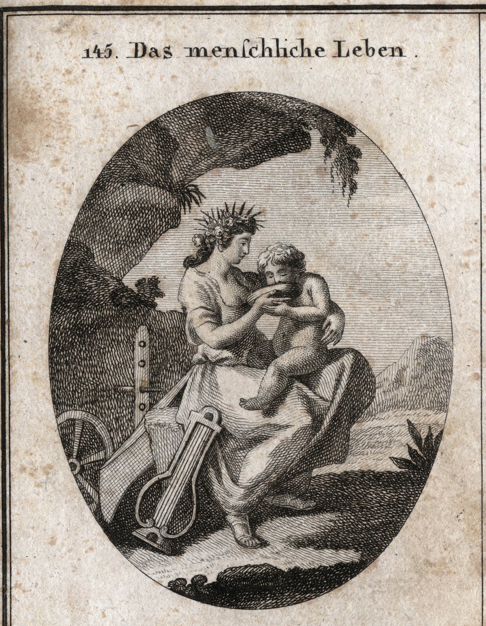 Alegoria da vida humana. Lyre e charue simbolizam o prazer e o trabalho. Ela dá uma bebida a uma criança, essencial para viver. Gravura em "Iconologia ou Ideias do Campo das Paixões e Alegorias ilustradas pictóricamente para desenhistas, pintores, poetas,  de Austrian School
