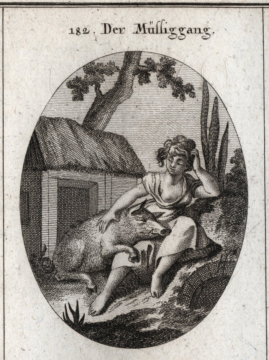 Alegoria de ociosidade representada por uma mulher meio adormecida que arranha a cabeça com uma mão e descansa com a outra sobre um porco dormindo de joelhos. Gravura em "Iconologie oder Ideen aus dem Gebiete der Leidenschaften und Allegorien bildich darge de Austrian School
