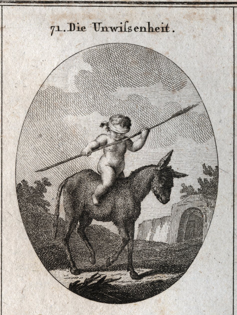 Alegoria da ignorância representada por uma criança cavalga num burro, as suas tiras de olhos com uma bengala de cana (simbolizando o cérebro vazio). Gravura em "Iconologie oder Ideen aus dem Gebiete der Leidenschaften und Allegorien bildestellt dargestell de Austrian School