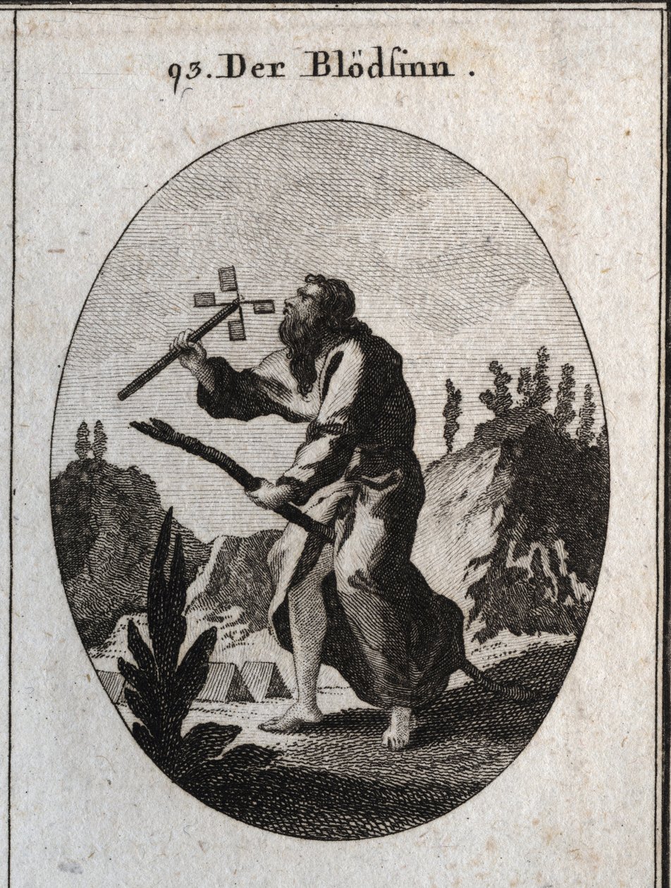 Alegoria de imbecilita ou demência representada por um homem velho sobre um caniço, atributo de fragilidade e velhice. Ele está segurando um moinho de cartas que ele sopra para girar. Gravura em "Iconologie oder Ideen aus dem Gebiete der Leidenschaften und de Austrian School