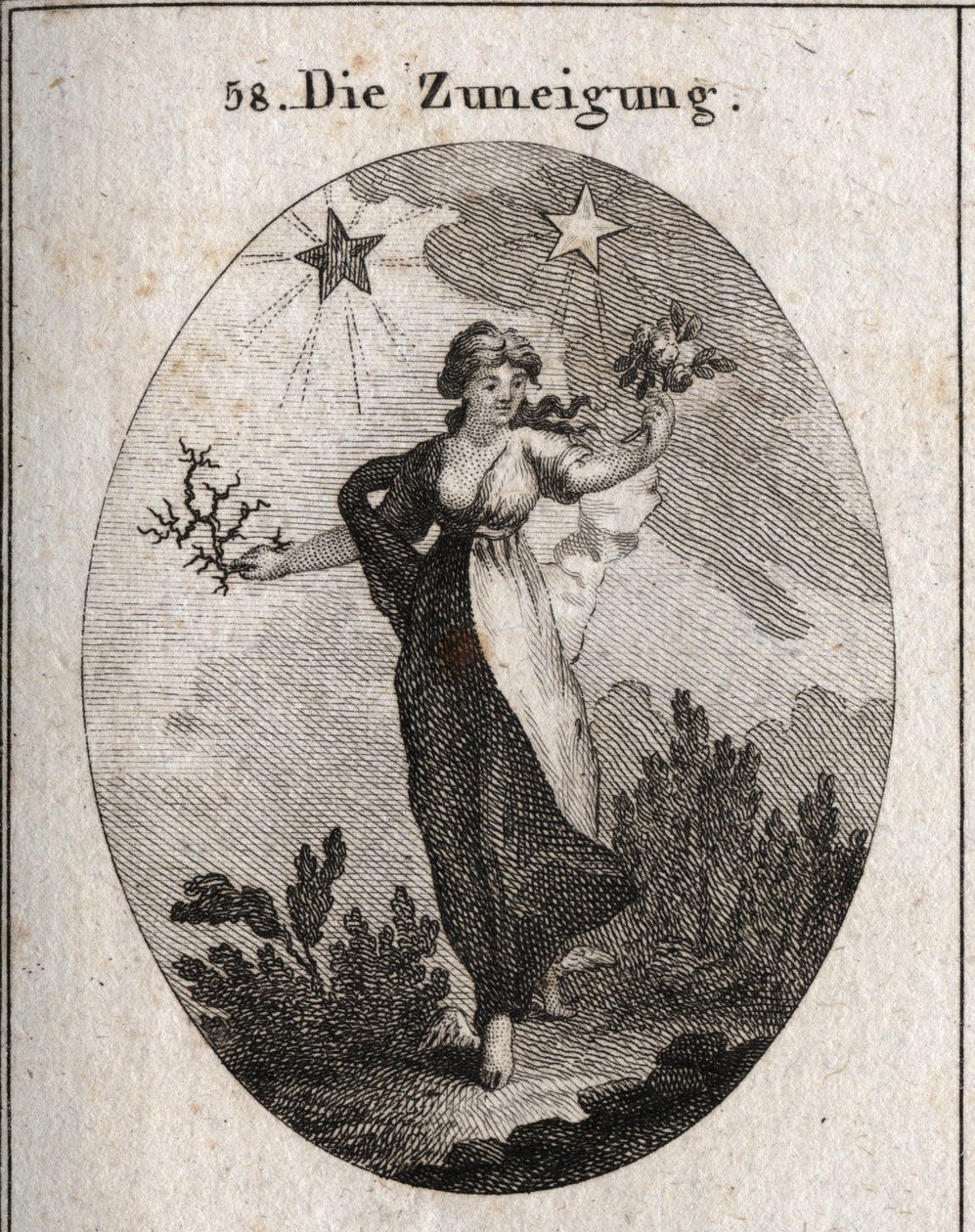 Alegoria de inclinação. Ela segura um buquê de rosas e um buquê de espinhos e parece indecisa na sua escolha. Atrás dela está uma estrela brilhante e benéfica (a de Júpiter) e uma estrela escura e nociva (a de Saturno). Gravura em "Iconologie oder Ideen de Austrian School