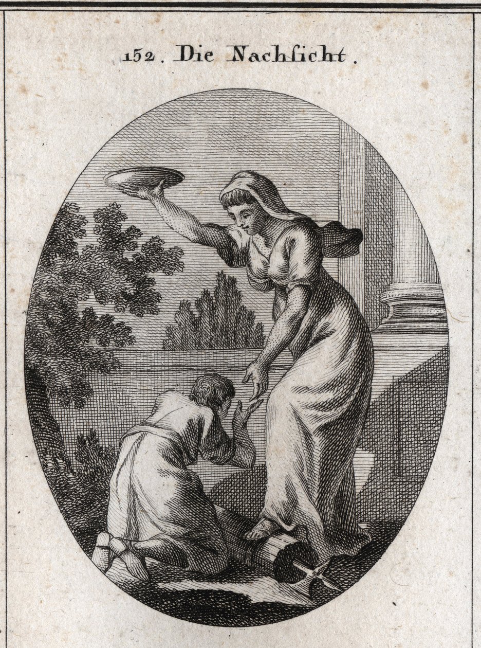 Alegoria da indulgência. Ela tropeçou debaixo dos seus pés os fardos e o machado que os lictores levavam entre os romanos. Ela segura um casaco erguido e apresenta a mão a um escravo prostra os seus pés. Gravura em "Iconologie oder Ideen aus dem Gebiete de de Austrian School