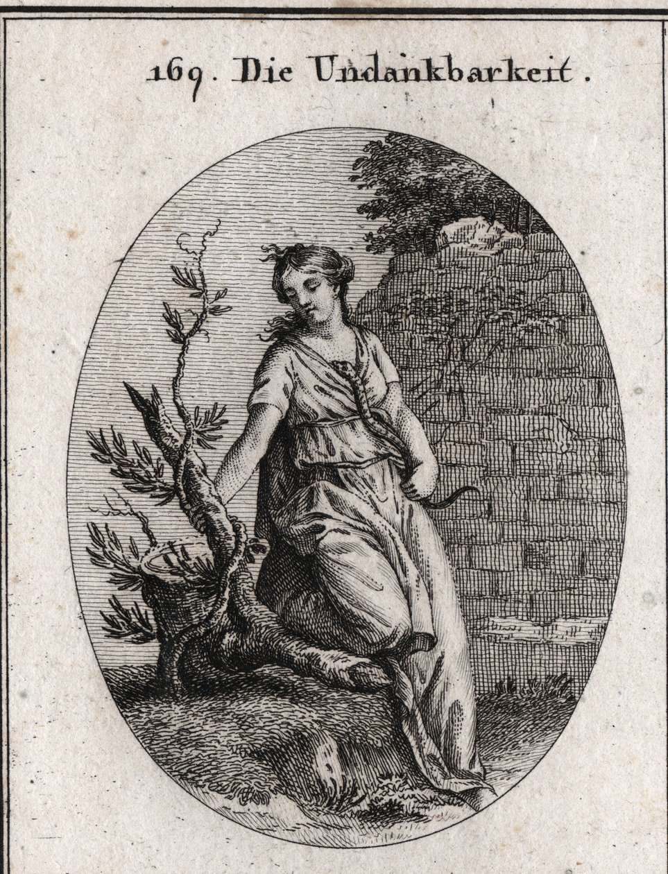Alegoria da ingratidão. Uma mulher que aquece uma cobra no seu peito é mordida. O ramo de hera é o símbolo da ingratidão, pois destrói a si mesmo, o que serve de apoio para se erguer. Gravura em "Iconologie oder Ideen aus dem Gebiete der Leidenschaften und de Austrian School