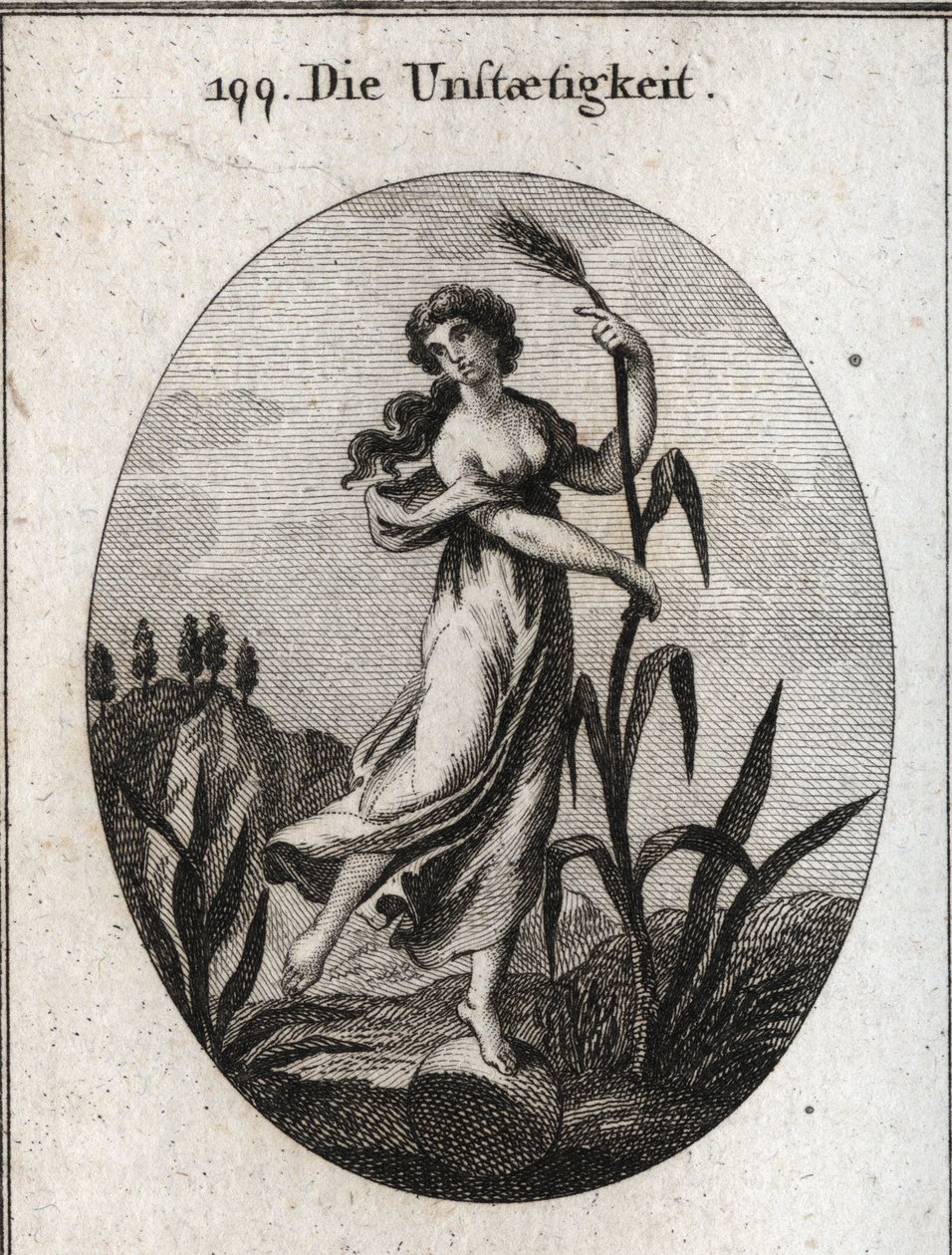 Alegoria de instabilidade agitada pelo vento. Ela inclina-se com ambas as mãos sobre uma frágil palheta e é colocada apenas com um pé sobre uma bola. Gravação em "Iconologie oder Ideen aus dem Gebiete der Leidenschaften und Allegorien bildestellt dargestel de Austrian School