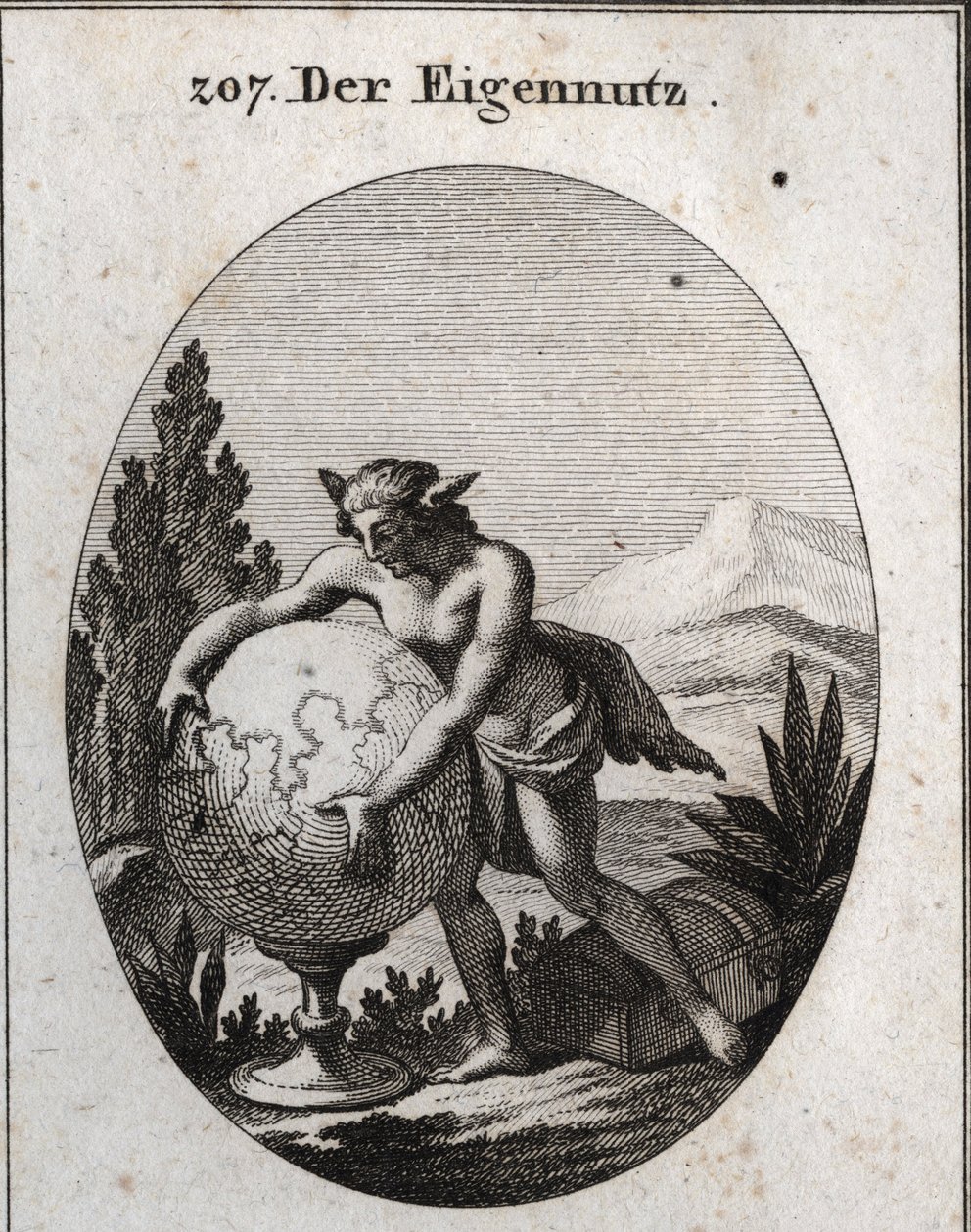 Alegoria de interesse com pele de lobo. Ele está a apertar um globo. Este emblema significa que a ganância é a própria das pessoas interessadas. Gravura em "Iconologie oder Ideen aus dem Gebiete der Leidenschaften und Allegorien bildestellt fur Zeichner, M de Austrian School