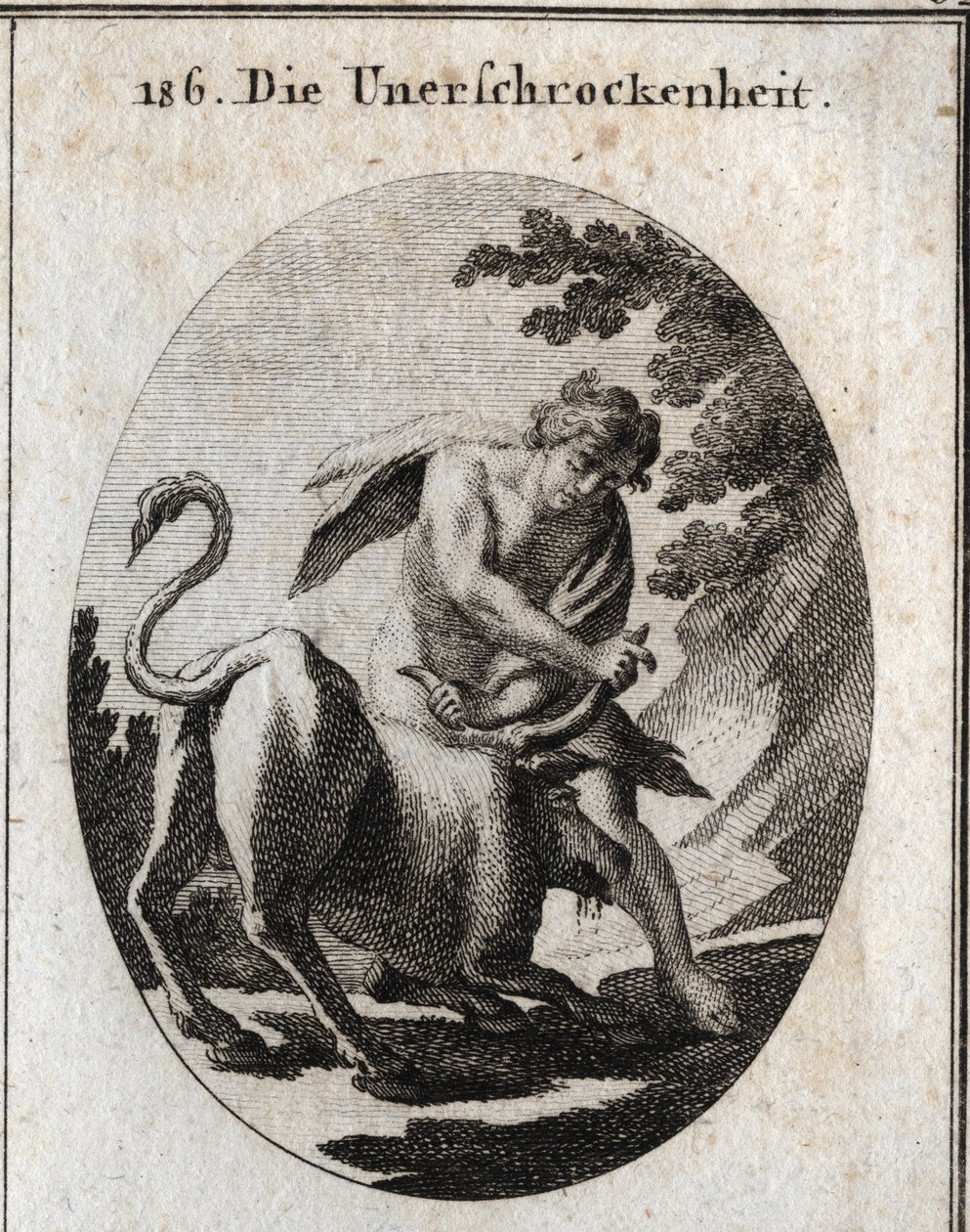 Alegoria do intrepidito representado por um jovem vigoroso que detém um touro furioso segurando-o pelos chifres. Gravura em "Iconologie oder Ideen aus dem Gebiete der Leidenschaften und Allegorien bildestellt fur Zeichner, Mahler, Dichter, Gele de Austrian School