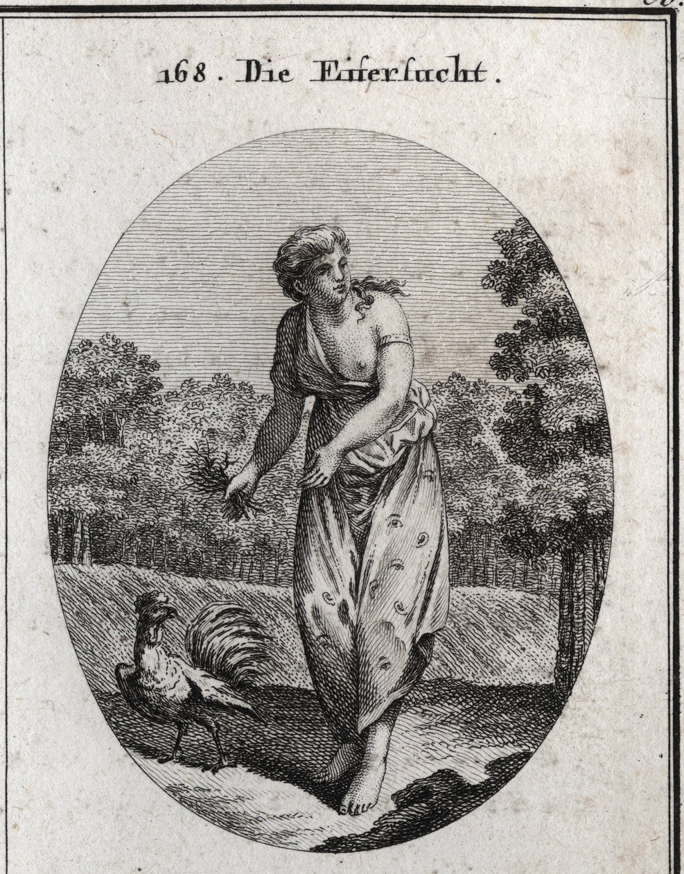 Alegoria de ciúmes esticando a orelha de um lado e vendo o que acontece do outro. O seu vestido está salpicado de olhos e ouvidos e o bouquet de espinhos que ela sustenta que o seu tormento é voluntário. O galo, invejoso e vigilante, é seu símbolo. Engravi de Austrian School