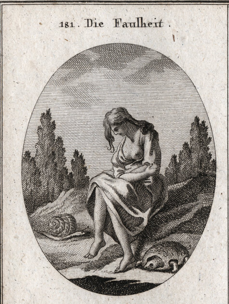 Alegoria de preguiça. Ela está de braços cruzados. O seu atributo é uma tartaruga e uma lesma. Gravura em "Iconologia ou Idéias do Campo das Paixões e Alegorias ilustradas para desenhistas, pintores, poetas, estudiosos, educadores e amigos". de Austrian School