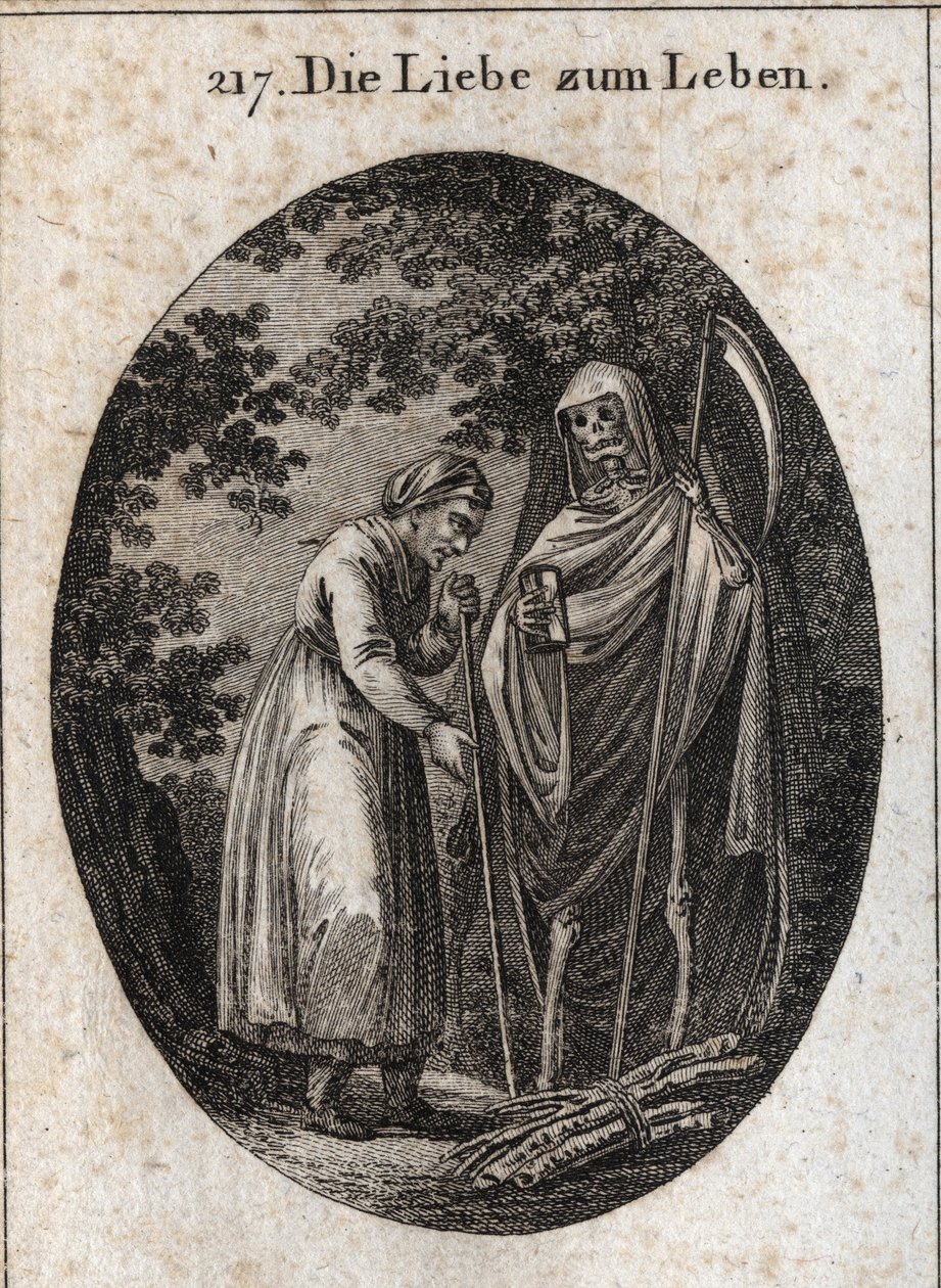 Alegoria de amor pela vida. Uma mulher velha chama a morte para a ajudar a colocar os seus beliches de madeira na cabeça. Gravura em "Iconologia ou ideias do campo das paixões e alegorias ilustradas para desenhistas, pintores, poetas, estudiosos, educadore de Austrian School