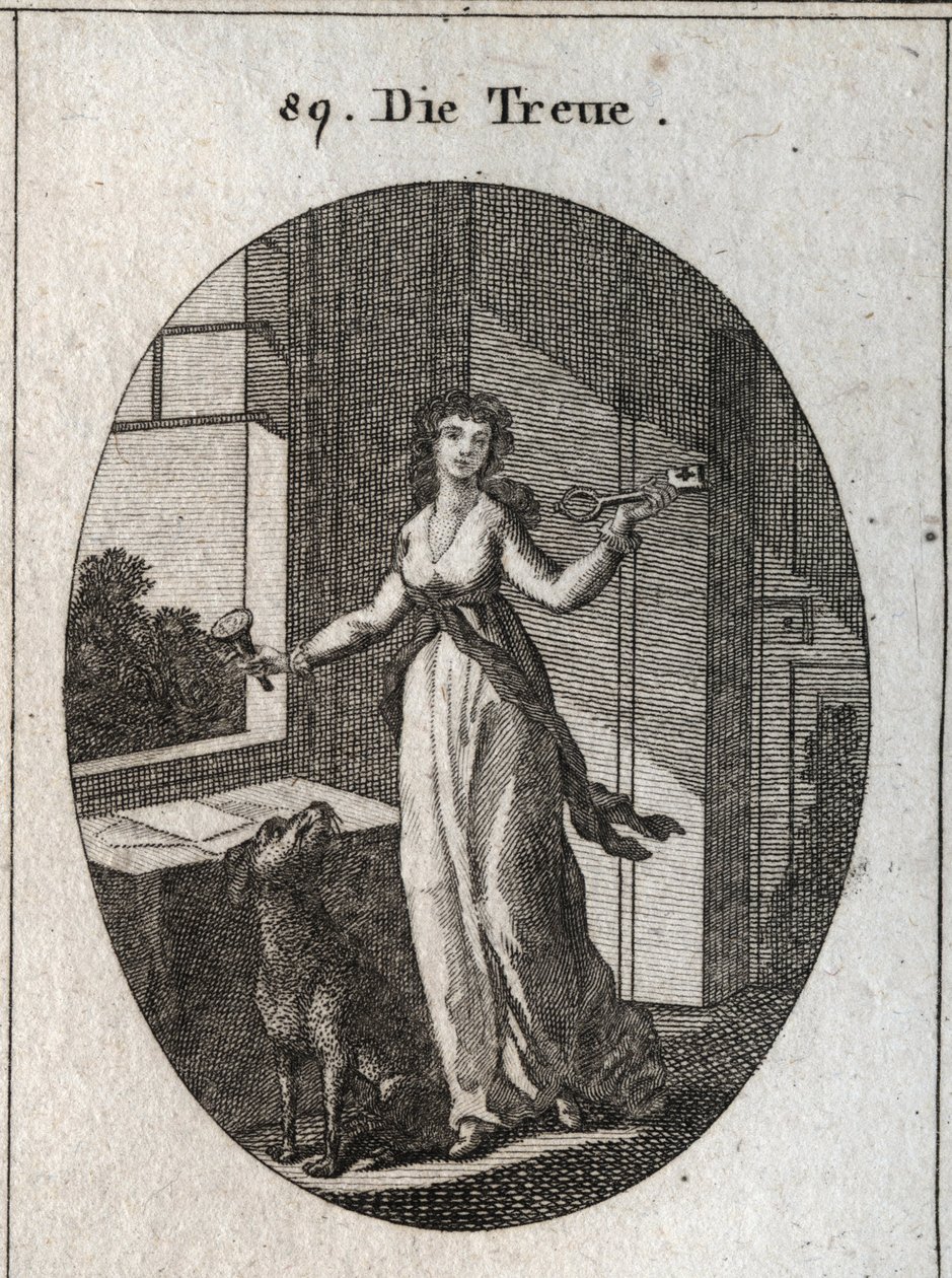 Alegoria de lealdade cujos símbolos são a chave, o selo e o cão. Gravura em "Iconologia ou idéias do campo das paixões e alegorias ilustradas para desenhistas, pintores, poetas, estudiosos, educadores e amigos de alto gosto de Austrian School