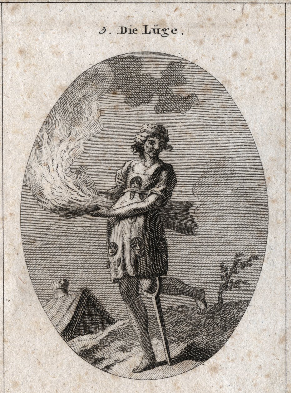 A alegoria da mentira representa feio, cabelo ruim e roupas ruins. A sua roupa está cheia de línguas e máscaras. A palha ardente ilustra a falta de subsistência de suas palavras e a perna de pau, a pequena solidite. Gravura em "Iconologie oder Ideen au de Austrian School