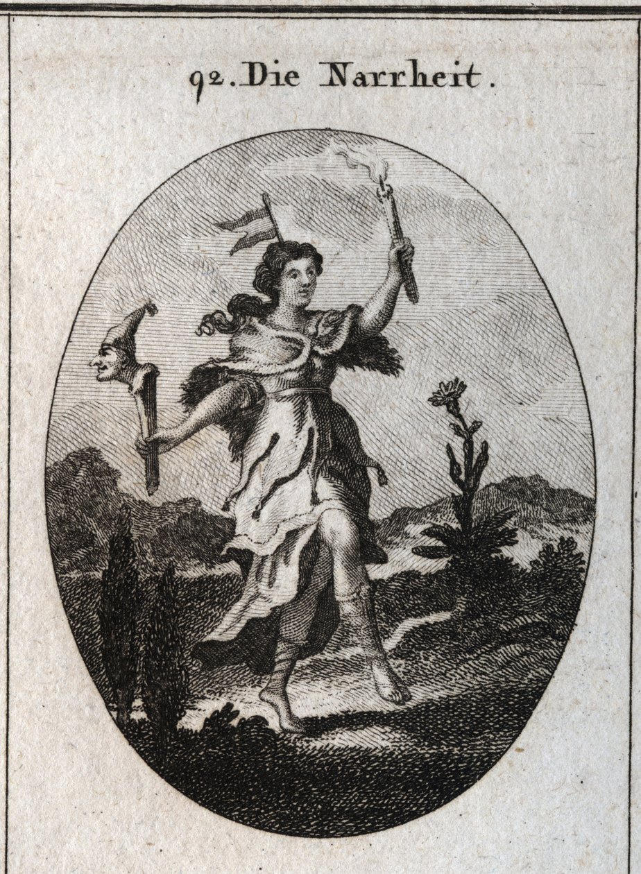 Alegoria da loucura. a pele do urso deseja a loucura que carrega a raiva, a ação da dança enfatiza aqueles que se vestem para esperar. O palheta em sua cabeça marca a instabilidade das fantasias. Ela contrasta a luz de uma vela com os raios de luz do su de Austrian School