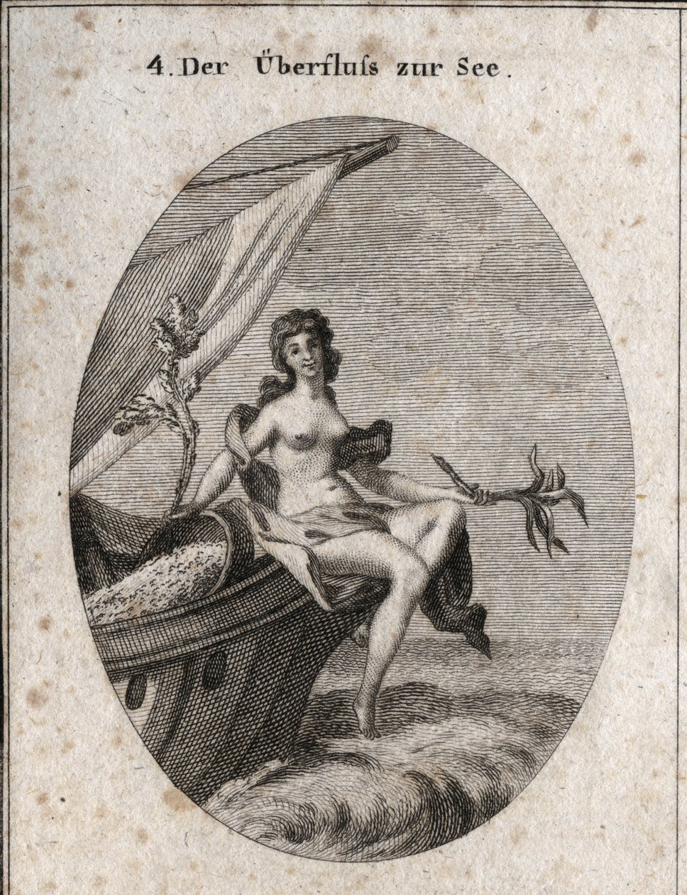 Alegoria da abundância marítima representada por Ceres sentado na proa de um navio. Ela segura um ramo de cânhamo, um ramo de joelho sobre o qual estão presos casulos de bicho-da-seda. Apoia-se em grãos que ficam pendurados no barco. Gravura em "Iconologie de Austrian School