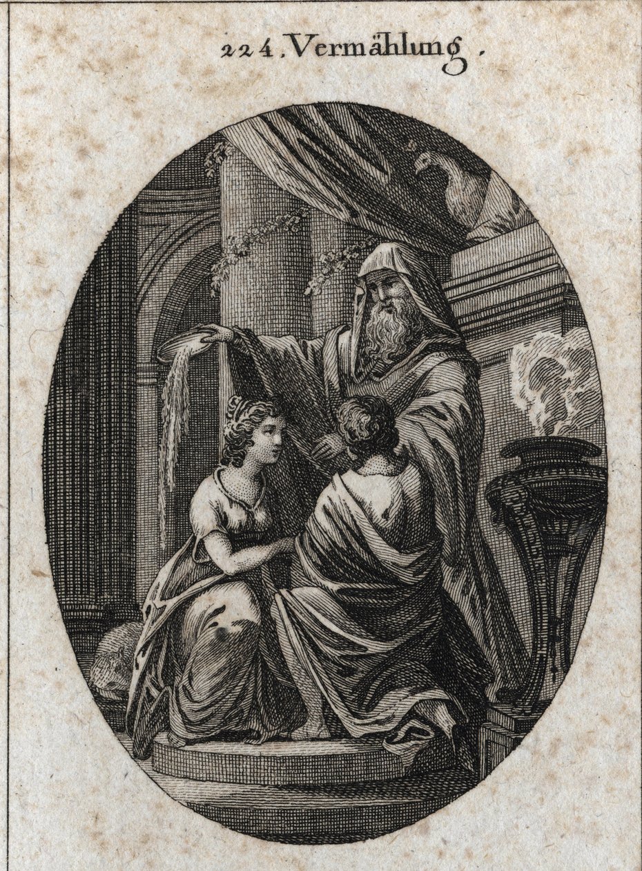 Alegoria do casamento: o sacerdote joga o campo dos animais atrás do altar para mostrar que não há amargura no casamento. Gravura em "Iconologie oder Ideen aus dem Gebiete der Leidenschaften und Allegorien bildestellt dargestellt fur Zeichner, Mahl de Austrian School