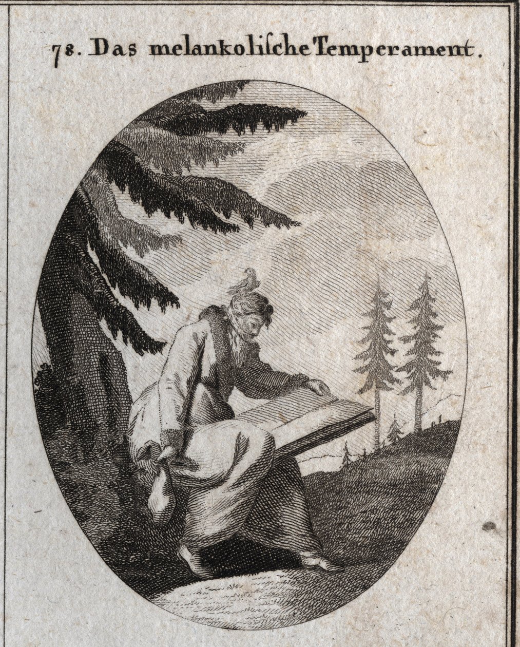 Alegoria de tez melancólica. Ele segura um livro e uma bolsa e sua boca está fechada com uma venda. Um pássaro senta-se na sua cabeça. Gravura em "Iconologie oder Ideen aus dem Gebiete der Leidenschaften und Allegorien bildestellt dargestellt fur Zeichner, de Austrian School