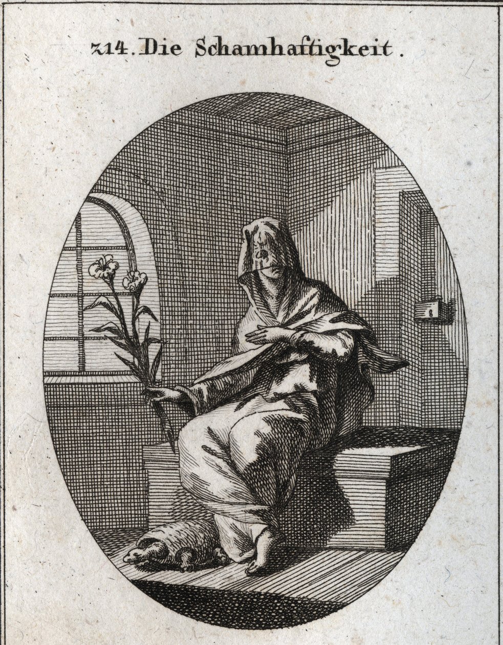 Alegoria de modéstia. O seu símbolo é um ramo de lírios e uma tartaruga que significa que as mulheres modestas devem ser removidas de suas casas. O seu rosto está coberto por um véu. Gravura em "Iconologie oder Ideen aus dem Gebiete der Leidenschaften und  de Austrian School