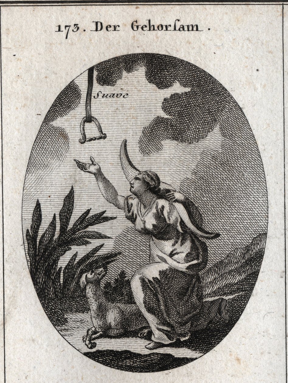 Alegoria de obediência. Ela segura um jugo nos ombros e avança para receber um freio que desce do céu aberto, no qual se lê a palavra "suave". O cão é o seu atributo. Gravura em "Iconologie oder Ideen aus dem Gebiete der Leidenschaf". de Austrian School