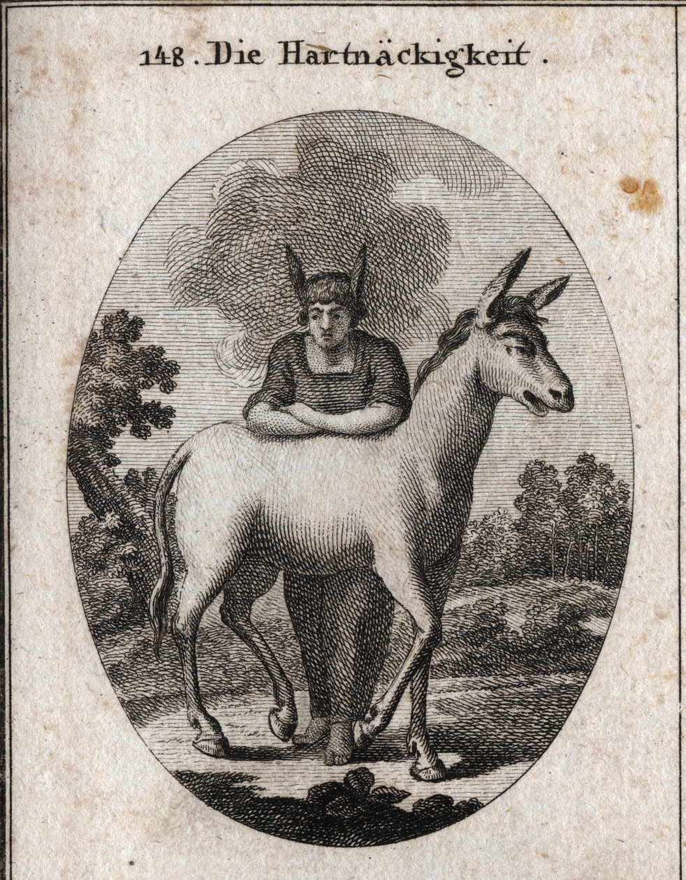 Alegoria de teimosia apoiada numa mula. As orelhas de burro em sua cabeça são o emblema da ignorância e da teimosia. O vapor à volta da sua cabeça significa que a sua inteligência é escura. Gravura em "Iconologie oder Ideen aus dem Gebiete der Leidenschaft de Austrian School