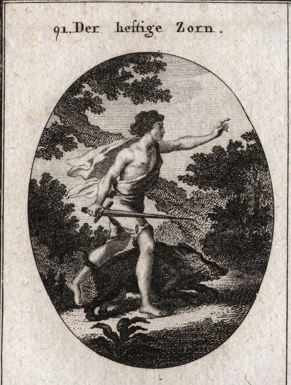 Alegoria de paixão ou impetuosidade representada por um adolescente com uma espada para marcar que ele segue a raiva. Seu atributo é um javali irritante, um animal que sempre luta sem levar em conta o perigo. Gravura em "Iconologie oder Ideen aus dem Geb de Austrian School