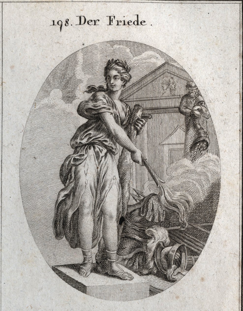 Alegoria da paz. Ela usa uma grinalda de oliveiras e segura um taco enquanto queima com uma tocha um tufo de armas. Atrás dela, a estátua de Plutus significa que a abadia e a riqueza são seus benefícios. Gravura em "Iconologie oder Ideen aus dem Gebiete de Austrian School