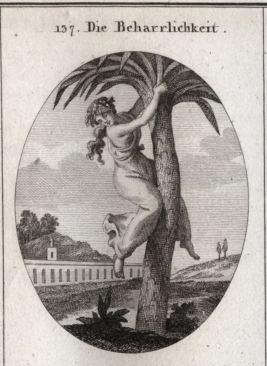 Alegoria de perseverança. A palmeira, à qual uma jovem rapariga está ligada, é o símbolo da virtude. Ela olha para a terra com dedicação. Gravura em "Iconologie oder Ideen aus dem Gebiete der Leidenschaften und Allegorien bildestellt dargestellt fur Zeichn de Austrian School