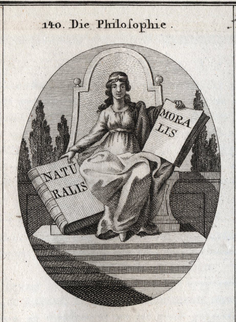 Alegoria da filosofia sentada sobre um trono de mármore acima de vários degraus. Ela tem um diadema dourado na testa e segura dois livros abertos "Naturalis" (Natureza) e "Moralis" (Moral) Gravura em "Iconologie oder Ideen aus dem Gebiete der Leidenschaft de Austrian School