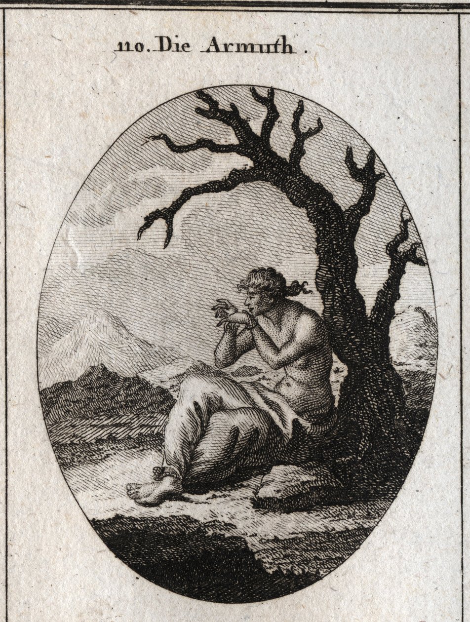 Alegoria da pobreza ao pé de uma árvore seca que cresce em terreno árido. Seus pés e mãos estão amarrados e ela tenta desfazer as amarras com os dentes; Gravura em "Iconologie oder Ideen aus dem Gebiete der Leidenschaften und Allegorien bildich dargeste de Austrian School