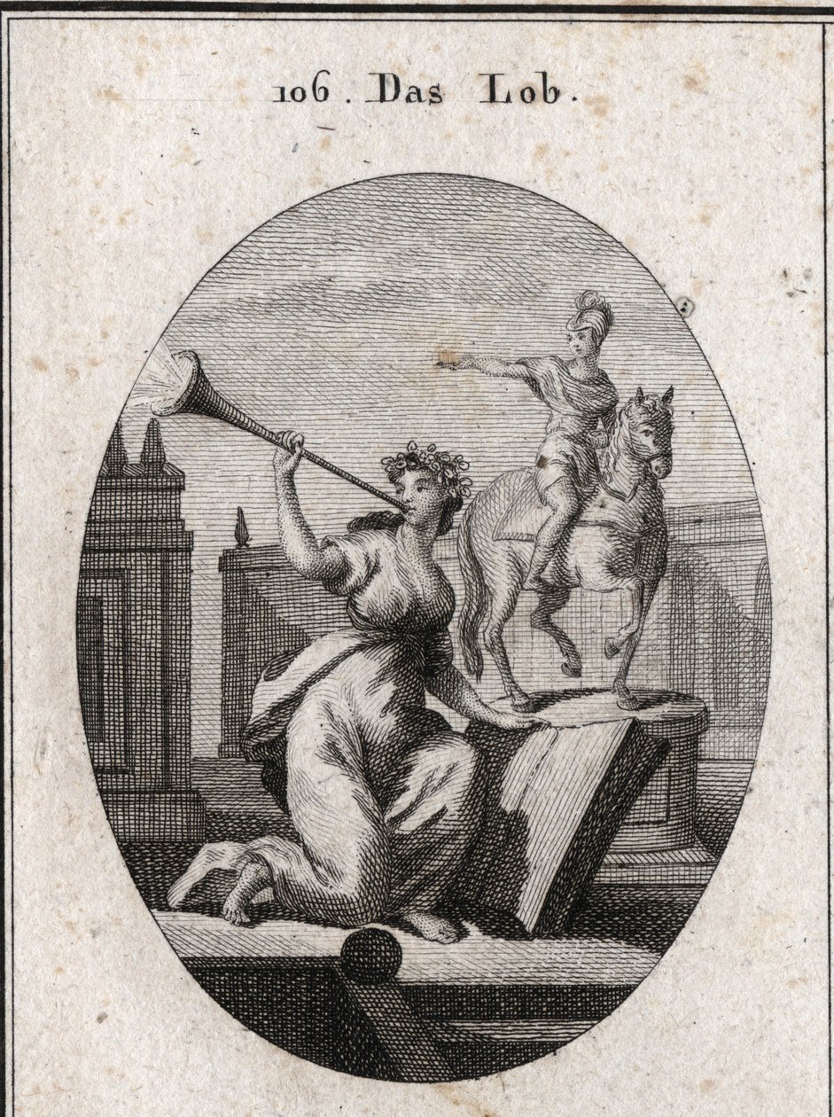 Alegoria de elogio segurando um livro para mostrar que ele passa a posteridade através da ajuda das escrituras. Soa uma trombeta da qual sai o brilho da renomeação. A estátua equestre está lá para o louvor dos heróis. Gravação em "Iconologie oder Ideen a de Austrian School