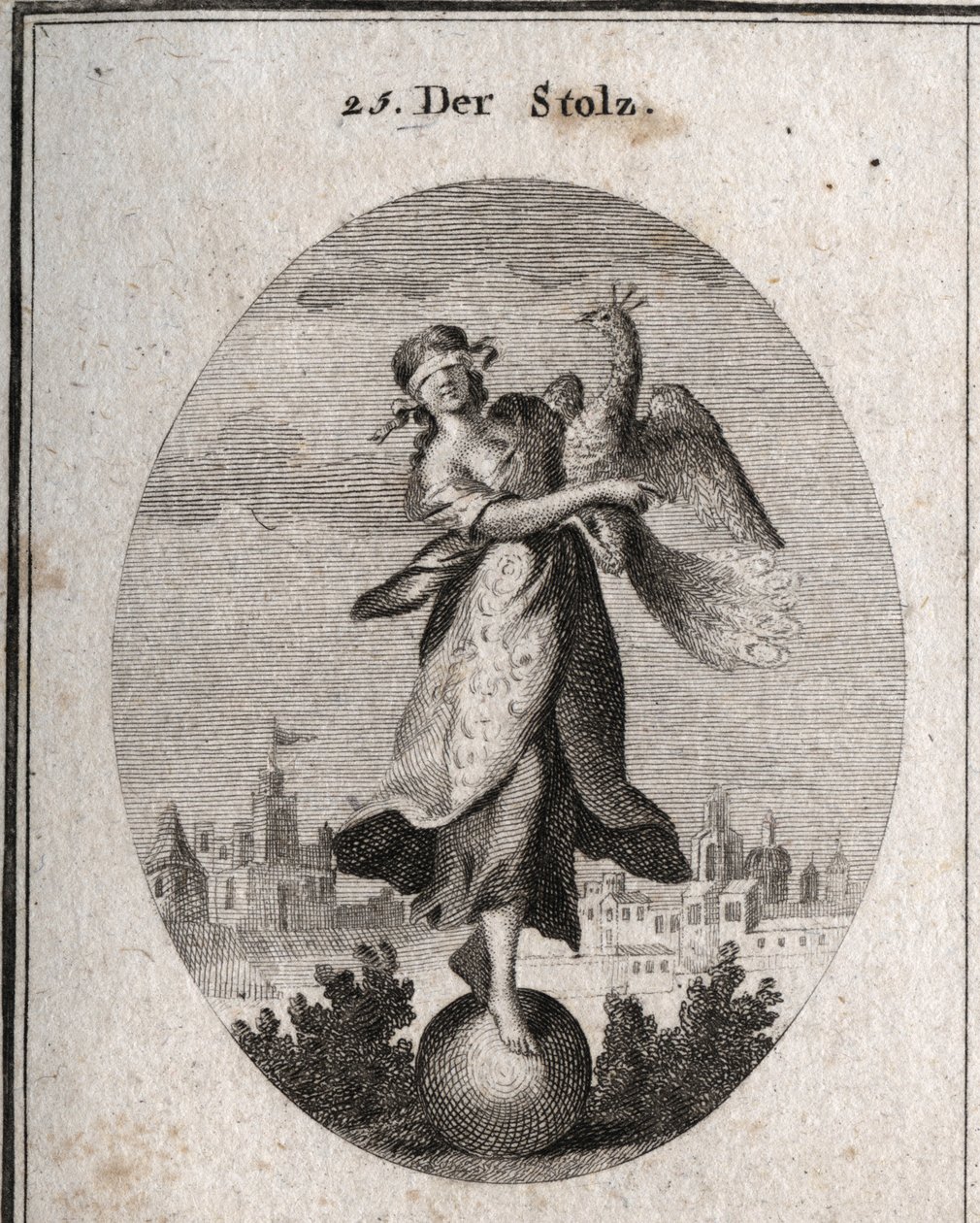 Alegoria de orgulho representada por uma jovem com uma venda colocada sobre um emblema de bola da sua pequena solidez. O pavão simboliza o espírito soberbo. A rica roupa cobre a sua pobre roupa para mostrar o ar livre. Gravura em "Iconologie oder Ideen a de Austrian School