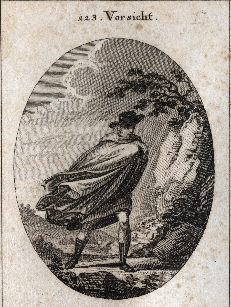 Alegoria da providência. Expressão: Quando o tempo estiver bom, leve o casaco, quando chover, leve-o, se quiser. Gravação em "Iconologie oder Ideen aus dem Gebiet der Leidenschaften und Allegorien bildestellt fur Zeichner, Mahler, Dichter, Ge de Austrian School