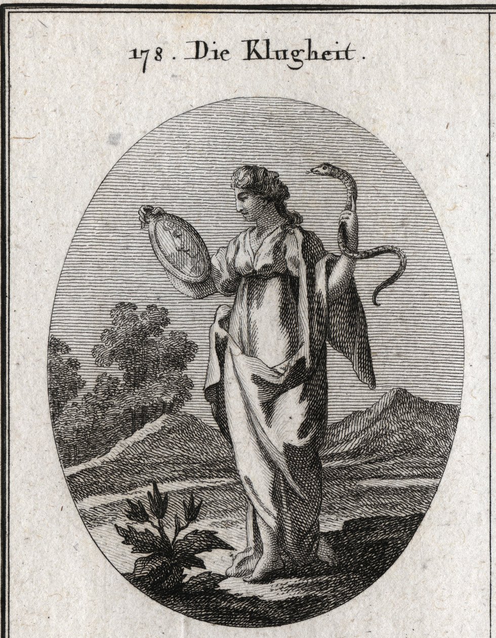 Alegoria de prudência, seus atributos comuns são o espelho e a serpente. Ela tem dois rostos, um jovem para a antecipação do futuro e um velho para a consideração do passado. Gravura em "Iconologie oder Ideen aus dem Gebiete der Lei de Austrian School