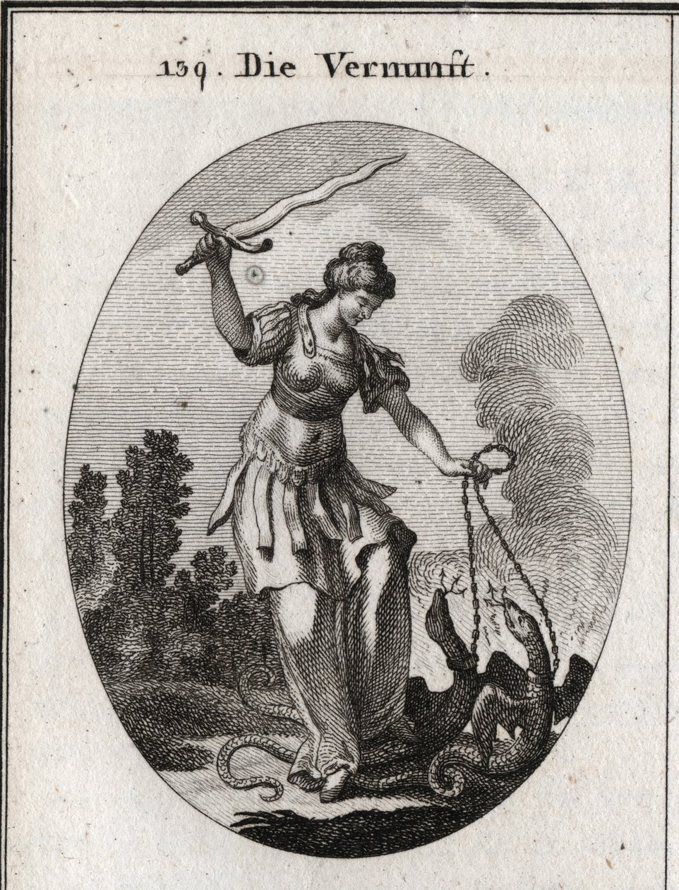 Alegoria da razão, ela segura uma espada flamboyant de onde ela ameaça os vícios representados pelas cobras que ela segura acorrentadas. Gravura em "Iconologie oder Ideen aus dem Gebiete der Leidenschaften und Allegorien bildestellt dargestellt fur Zeichne de Austrian School