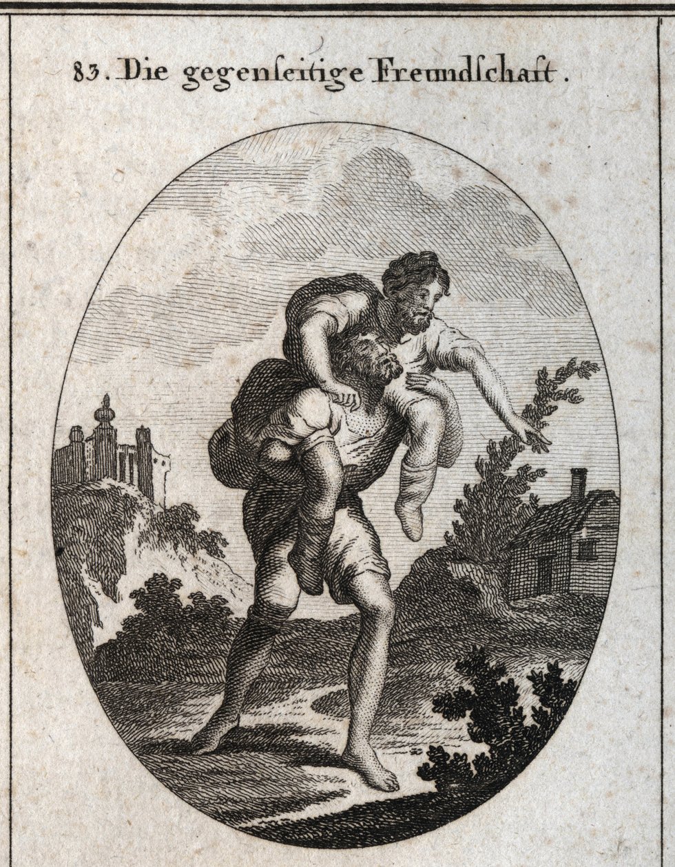 Alegoria de amizade recíproca. Um homem cego é mostrado o caminho pela voz de um homem mutilado sobre os seus ombros. Gravação em "Iconologie oder Ideen aus dem Gebiete der Leidenschaften und Allegorien bildestellt fur Zeichner, Mahler, Dichter, Gelehr de Austrian School