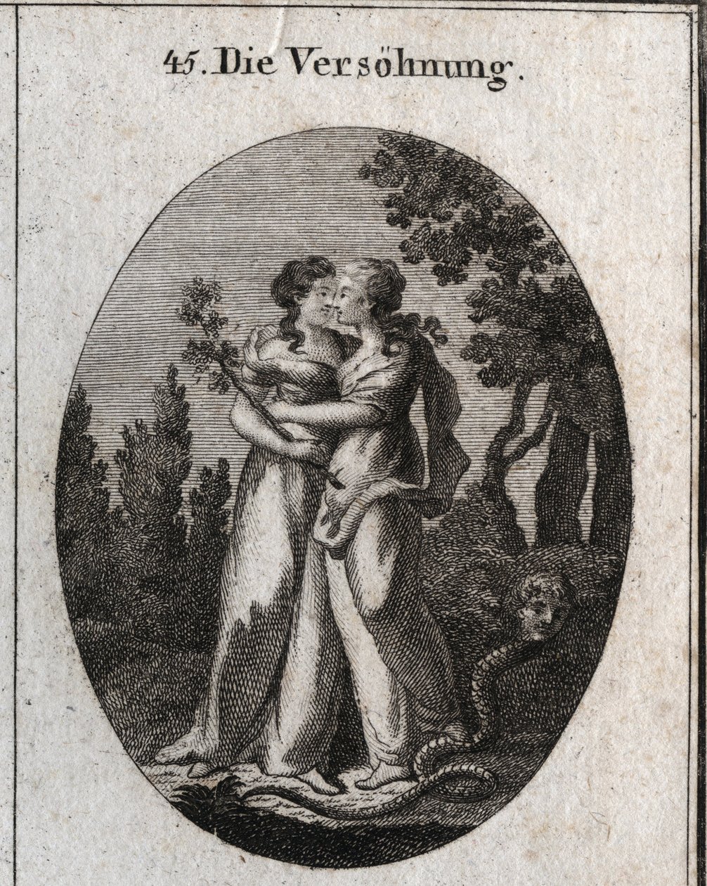 Alegoria de reconciliação caracterizada por duas mulheres que se beijam. Uma segura um ramo de oliveira, símbolo de paz, e a outra multidão debaixo dos seus pés uma cobra com rostos humanos, emblema de fraude e mechança. Gravura em "Iconologie oder Ideen a de Austrian School