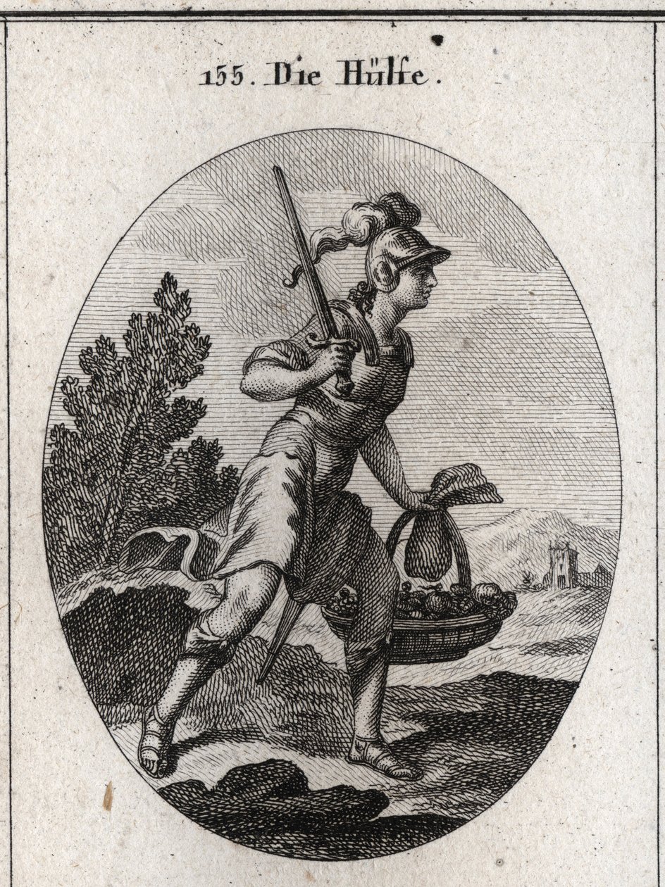 Alegoria de alívio representada por uma armadura com uma espada. Ela carrega uma bolsa e uma cesta cheia de alimentos para simbolizar o relevo em calamitas e fome. Ela está andando rápido. Gravura em "Iconologie oder Ideen aus dem Gebiete der Leidenschafte de Austrian School