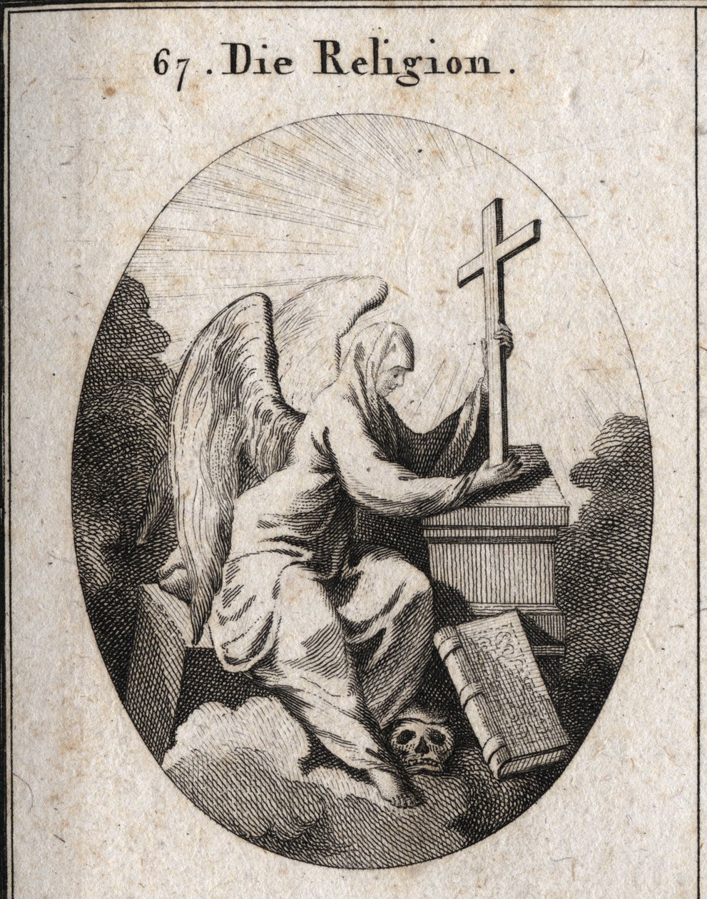 Alegoria da religião. Um véu branco cobre-lhe a cabeça para indicar que os monstros são inpenetráveis. Ela senta-se em uma pedra angular e segura uma cruz radiante em um altar no fundo do qual se encontra o livro dos 4 Evangelhos. O seu pé sobre a cabeça d de Austrian School
