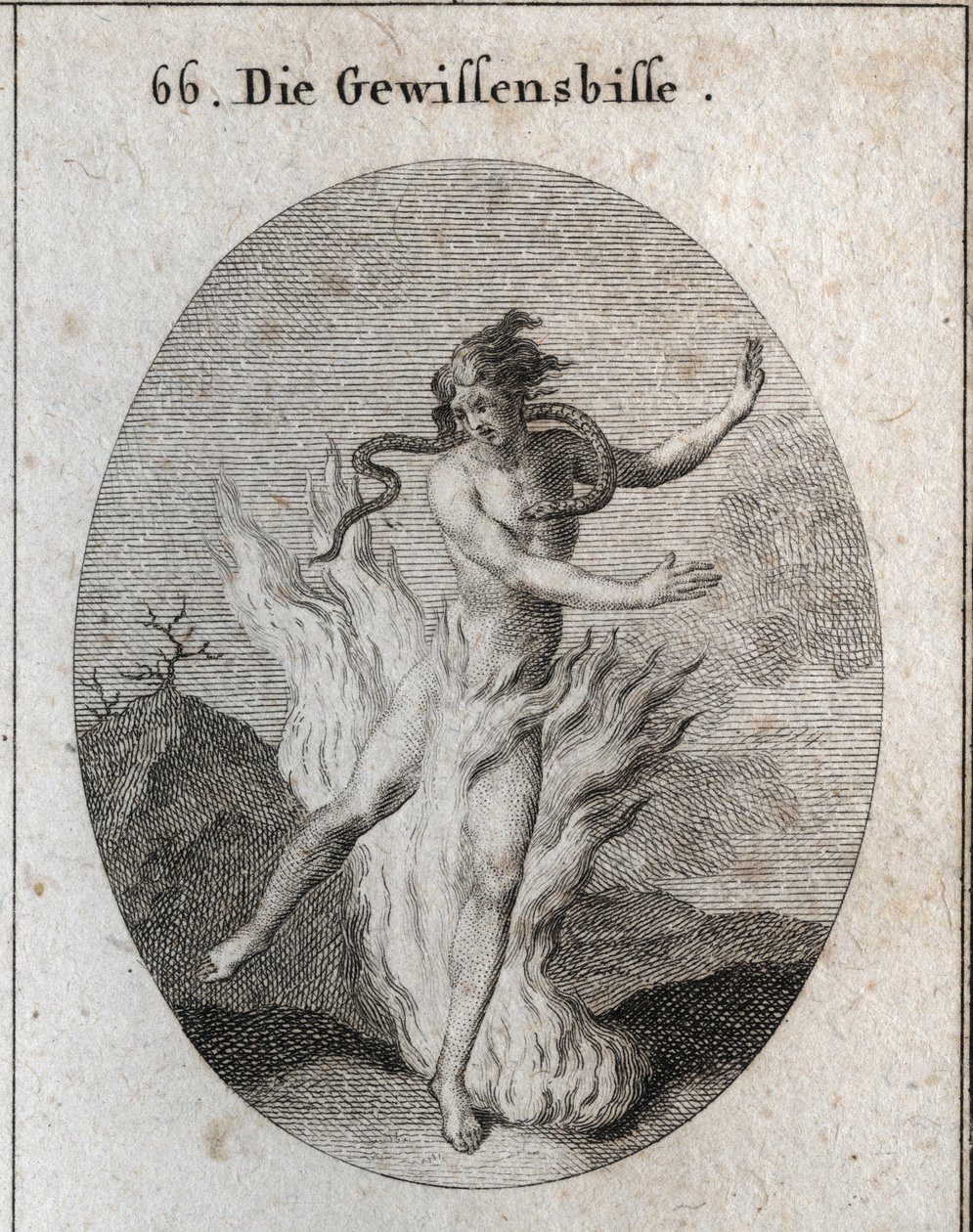 Alegoria de remorso rodeado de chamas ardentes com uma serpente que lhe rouba o coração. Gravação em "Iconologie oder Ideen aus dem Gebiet der Leidenschaften und Allegorien bildestellt fur Zeichner, Mahler, Dichter, Gelehrte, Erzieher und freunde H de Austrian School