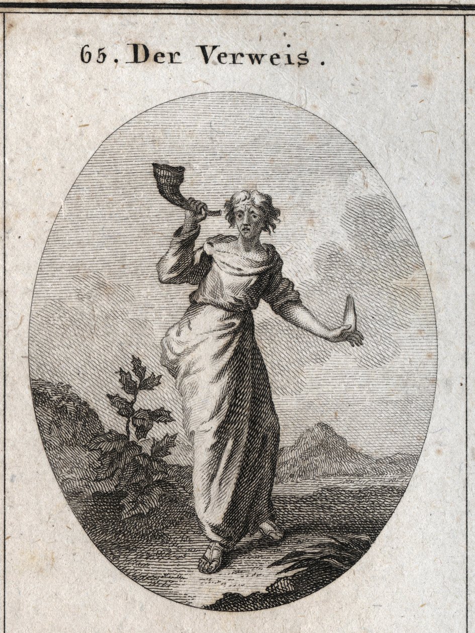 Alegoria de repreensão. Ela aprende a soar um cone de livro que enfatiza o som inestético de palavras repreensivas manipuladas com cautela, como mostra a linguagem humana segurada na outra mão. Gravação em "Iconologie oder Ideen aus dem Gebiete der Le de Austrian School