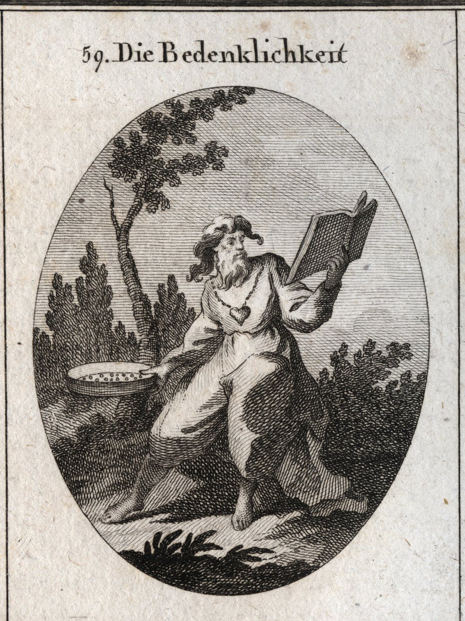 Alegoria de escrúpulos representados por um homem velho com uma corrente de ouro, ao qual é anexado um emblema do coração de candura e bons conselhos. Ele mantém um calendário que ele considera cuidadosamente e uma peneira que é o atributo da distinção ent de Austrian School