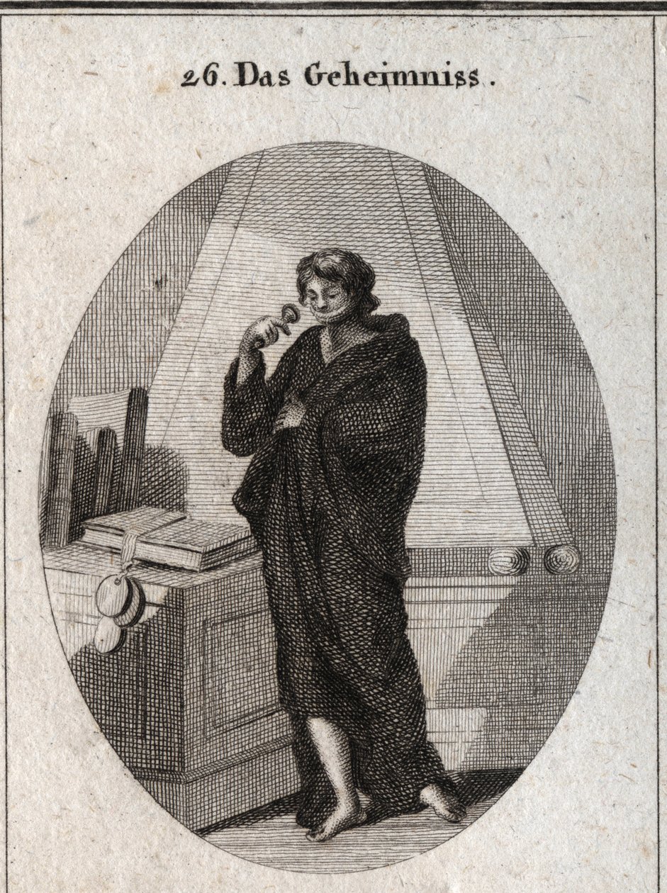 Alegoria de segredo coberto de preto para enterrar no esquecimento os segredos a ele confiados. Ele tem uma bandolete na boca, à qual acrescenta um selo. Gravura em "Iconologie oder Ideen aus dem Gebiete der Leidenschaften und Allegorien bildestellt darges de Austrian School