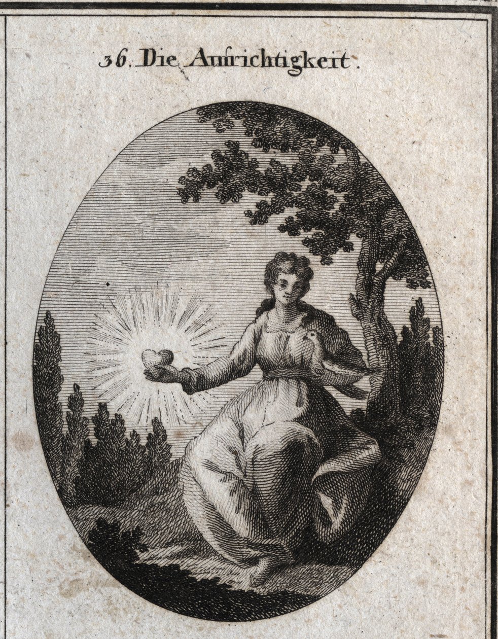 Alegoria de uma pomba sincera segurando uma pomba contra o seu peito e apresentando um coração radiante. Gravação em "Iconologie oder Ideen aus dem Gebiet der Leidenschaften und Allegorien bildestellt fur Zeichner, Mahler, Dichter, Gelehrte, Erzieher und f de Austrian School