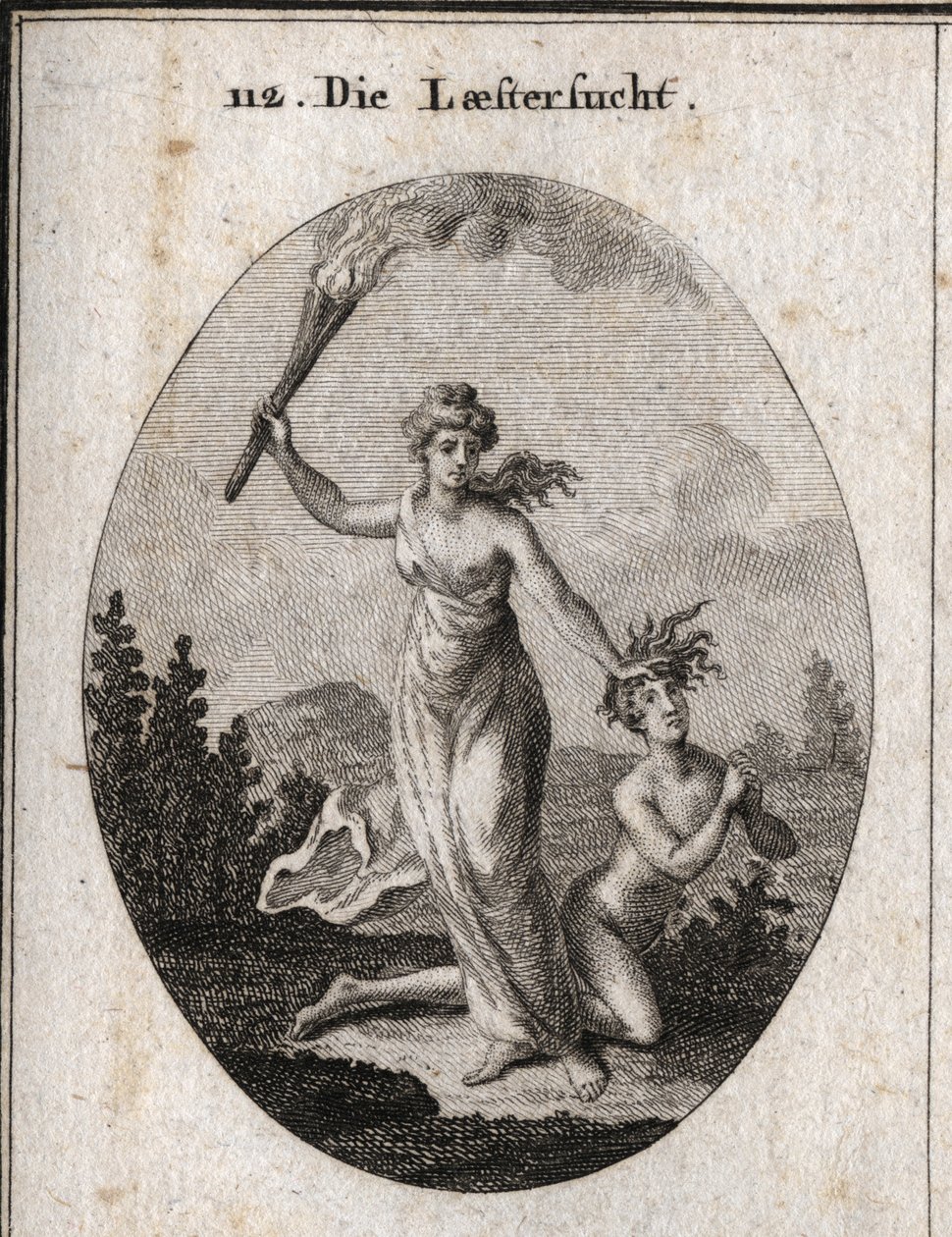 Alegoria de calúnia segurando uma tocha e arrastando impiedosamente um adolescente nu que se junta às mãos e olha para o céu. Gravação em "Iconologie oder Ideen aus dem Gebiete der Leidenschaften und Allegorien bildestellt fur Zeichner, Mahler, Dichter", de Austrian School