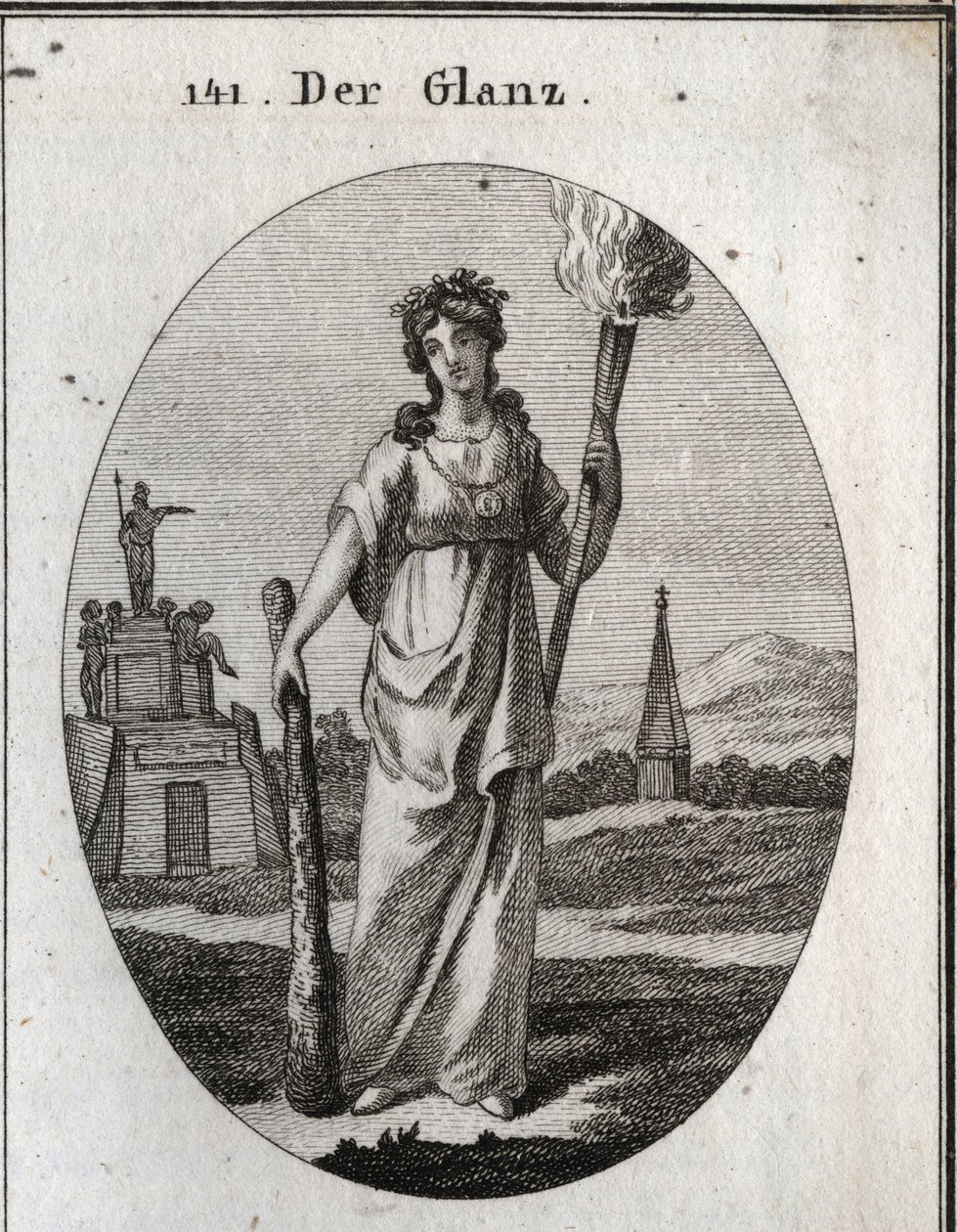 Alegoria de esplendor. O clube em que se apoia é o símbolo das virtudes. A corrente e a medalha de ouro são a recompensa. A tocha de luz é a luz de belos feitos. Gravura em "Iconologie oder Ideen aus dem Gebiete der Leidenschaften und Allegorien bi de Austrian School