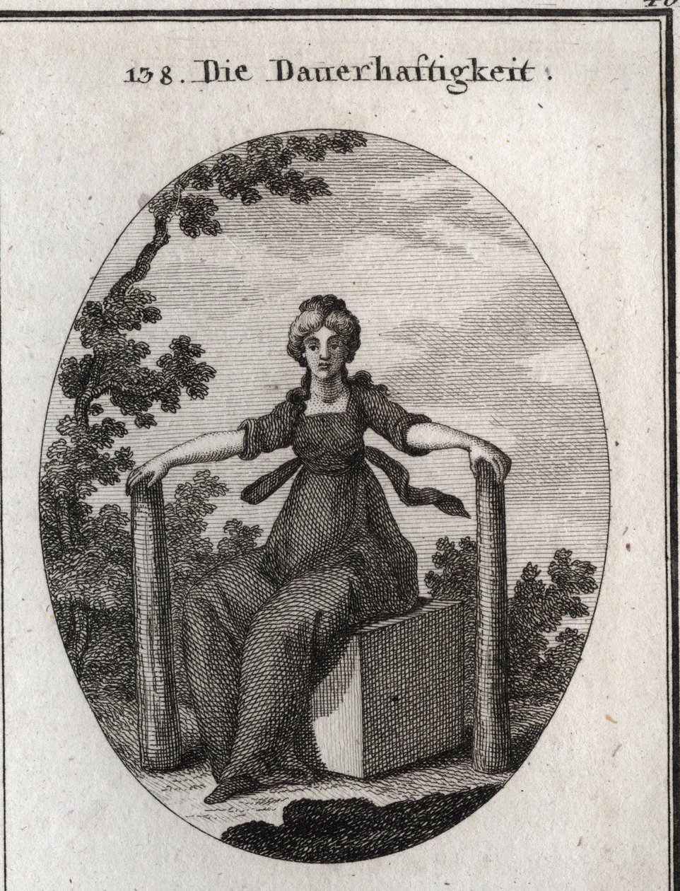 Alegoria de estabilidade sentada num cubo de mármore com duas pilhas de plantas prumo na terra. Gravura em "Iconologia ou Idéias do Campo das Paixões e Alegorias ilustradas para desenhistas, pintores, poetas, estudiosos, educadores e amigos". de Austrian School